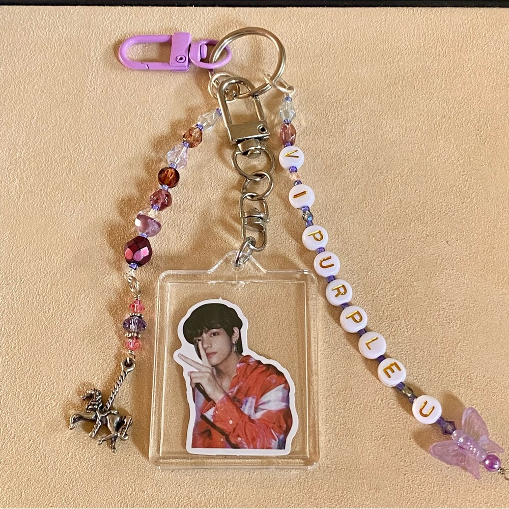 NEW BTS V Sterling Silver Swarovski Beaded Photo Frame Keychain Bag Charm